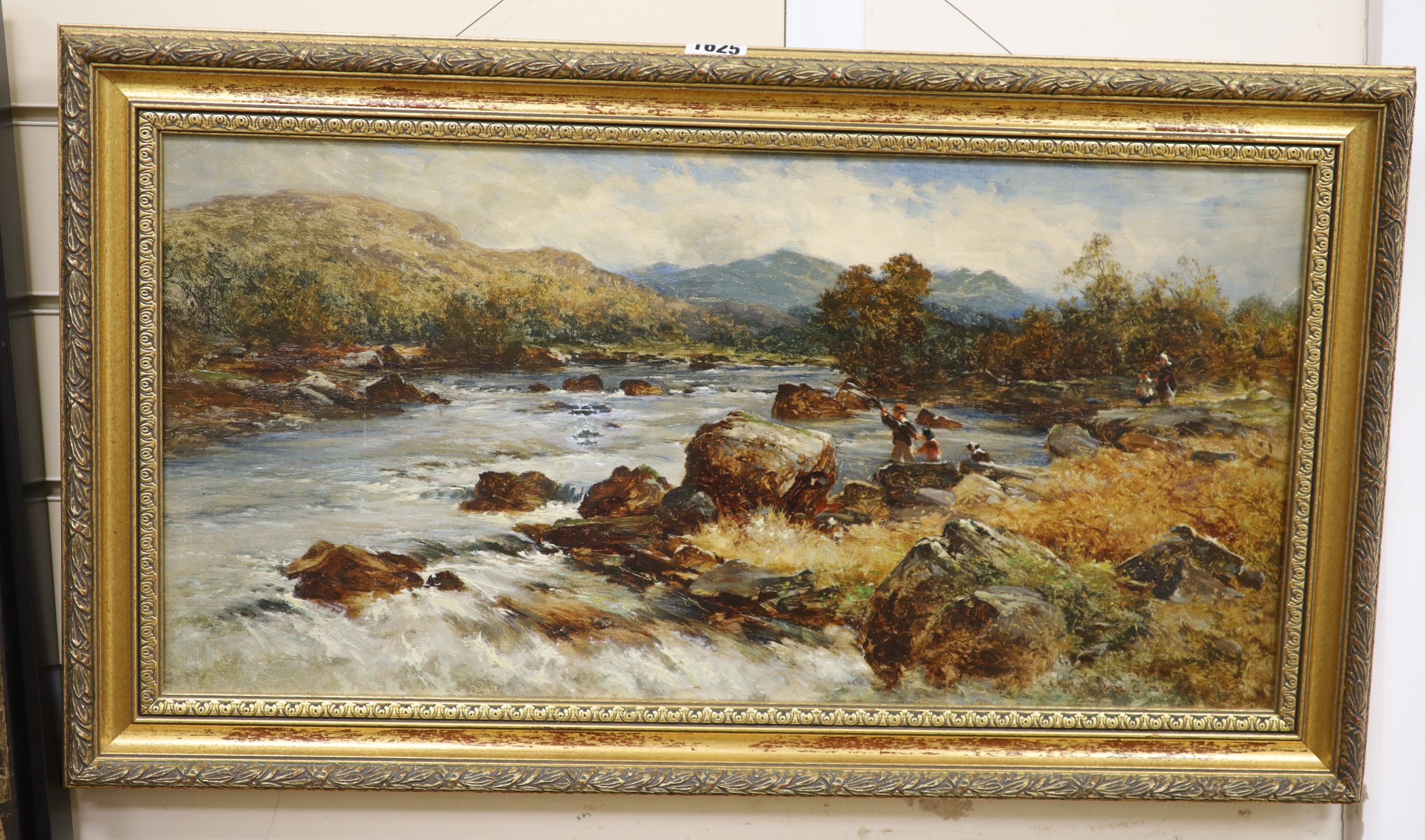 William E. ...(19th C.), oil on canvas, Anglers alongside a fast flowing stream, signed, 30 x 60cm